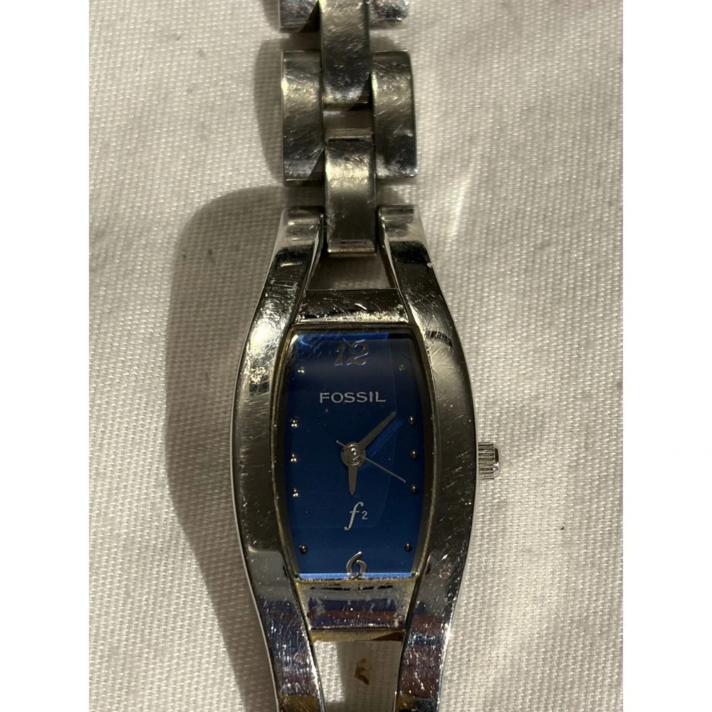 Fossil F2 Womens Silver Tone Blue Dial Rectangle Bracelet Wrist Watch‎ ES-9387